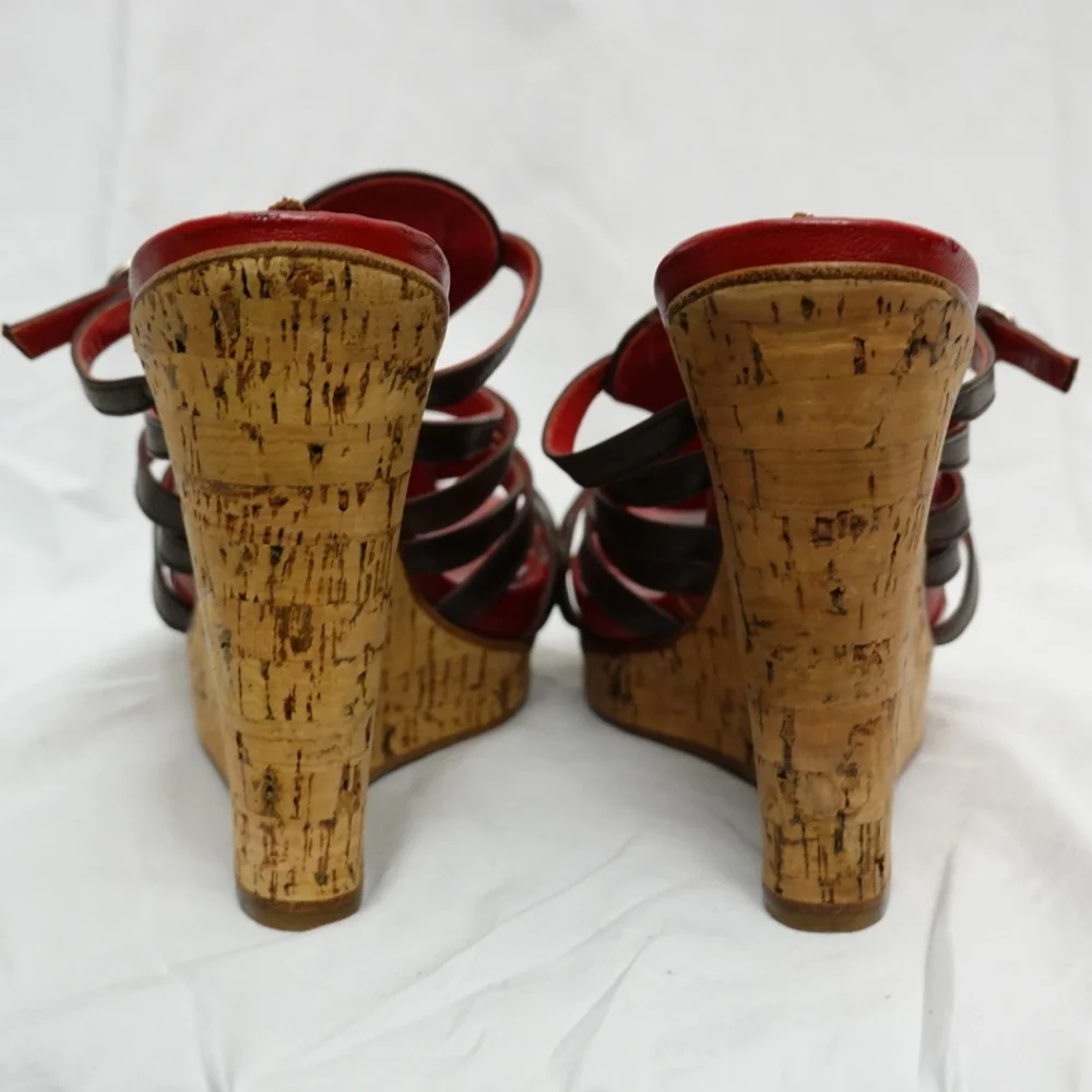 POLLINI Red & Brown Strappy Cork Platform Wedge Sandals, size 37 - Picture 7 of 8